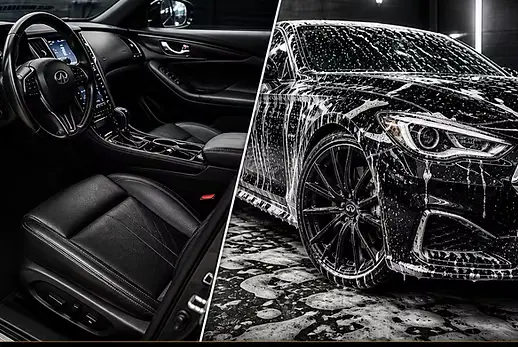 Split image showing a car's clean black leather interior next to its exterior covered in snow foam during premium detailing
