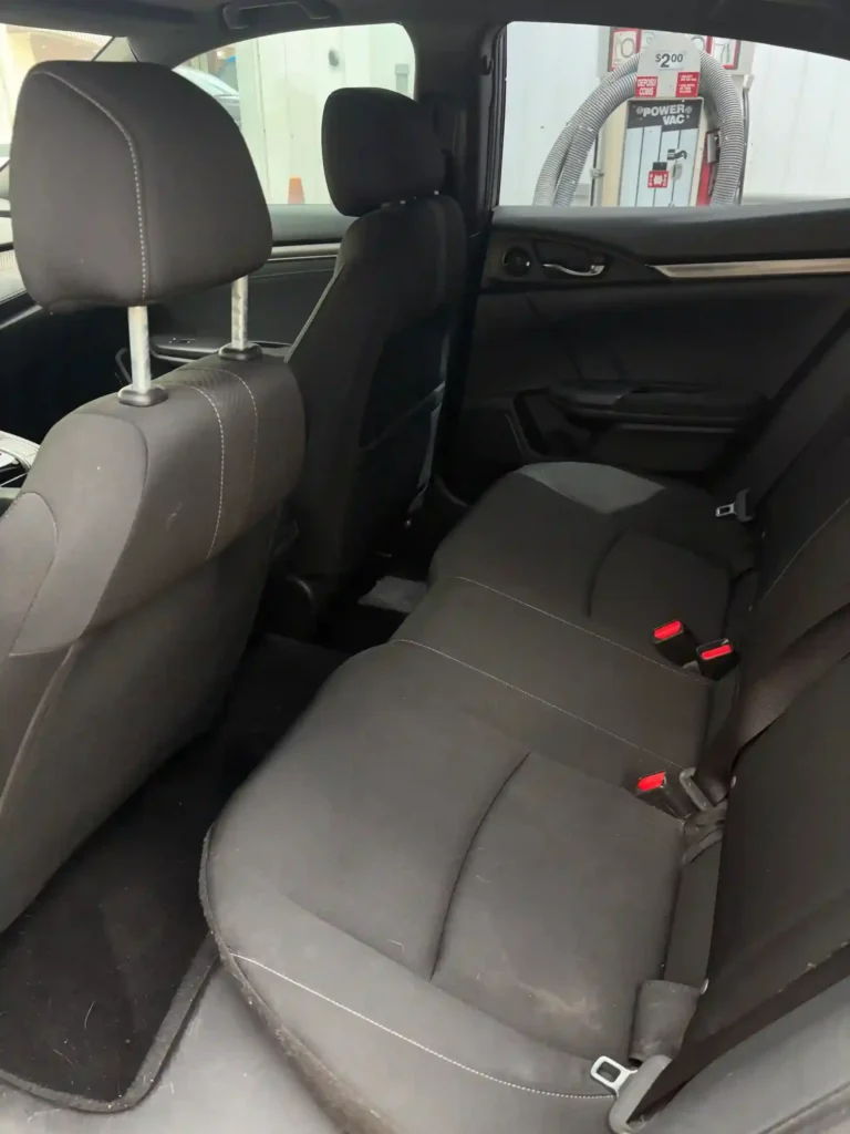 Clean, hair-free fabric rear seats and door panel after interior detailing 
